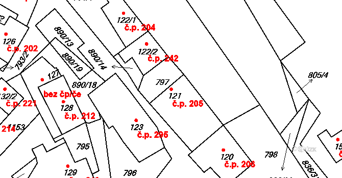 Sobíňov 205 na parcele st. 121 v KÚ Sobíňov, Katastrální mapa