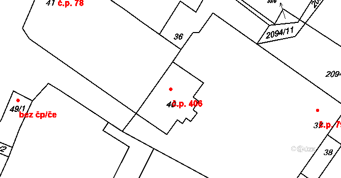 Drnholec 406 na parcele st. 40 v KÚ Drnholec, Katastrální mapa