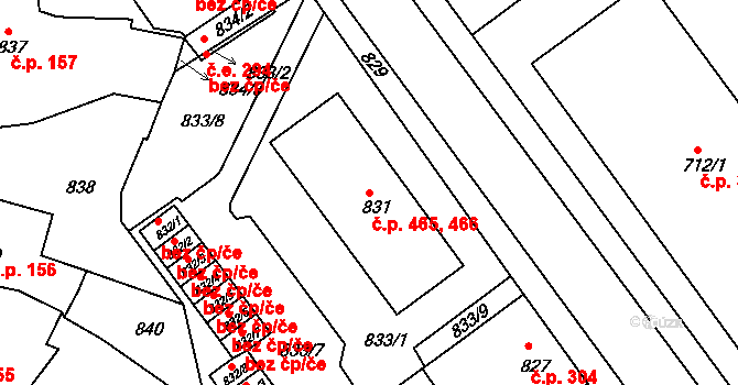 Plumlov 465,466 na parcele st. 831 v KÚ Plumlov, Katastrální mapa