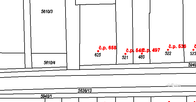 Hrušovany nad Jevišovkou 658 na parcele st. 625 v KÚ Hrušovany nad Jevišovkou, Katastrální mapa
