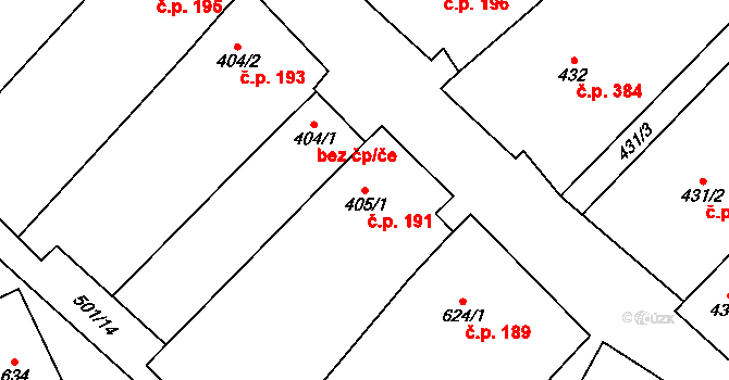 Olbramovice 191 na parcele st. 405/1 v KÚ Olbramovice u Moravského Krumlova, Katastrální mapa