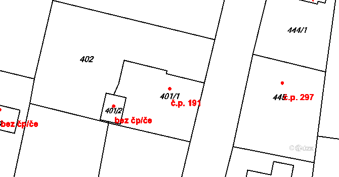 Hustopeče nad Bečvou 191 na parcele st. 401/1 v KÚ Hustopeče nad Bečvou, Katastrální mapa