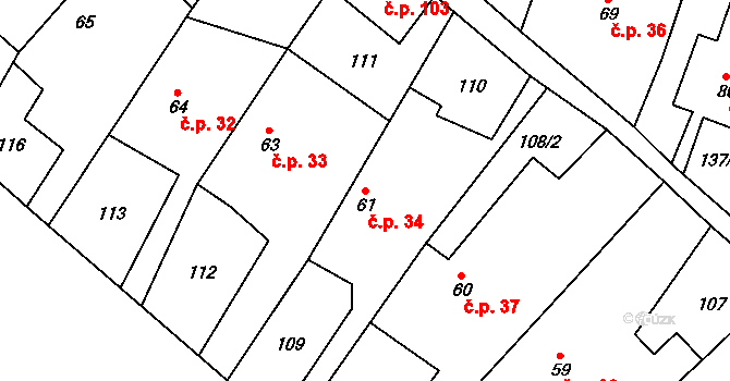 Skoky 34, Dolní Újezd na parcele st. 61 v KÚ Skoky u Staměřic, Katastrální mapa
