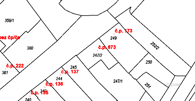 Hrušky 673 na parcele st. 247/2 v KÚ Hrušky, Katastrální mapa