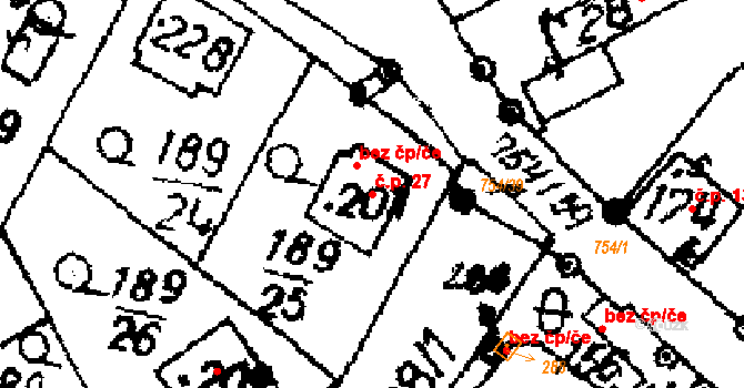Seletice 27 na parcele st. 201 v KÚ Seletice, Katastrální mapa