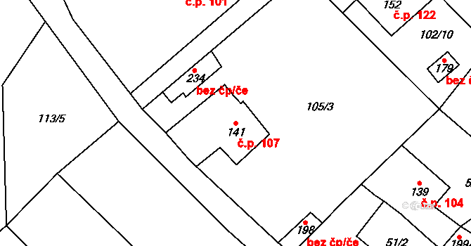 Stráž nad Ohří 107 na parcele st. 141 v KÚ Stráž nad Ohří, Katastrální mapa