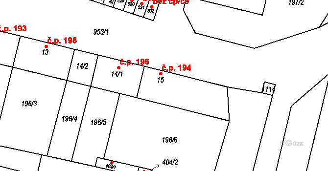 Rožďalovice 194 na parcele st. 15 v KÚ Rožďalovice, Katastrální mapa