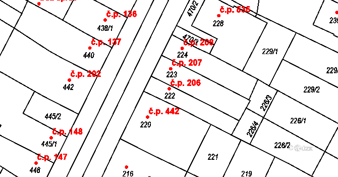 Hrušovany u Brna 206 na parcele st. 222 v KÚ Hrušovany u Brna, Katastrální mapa