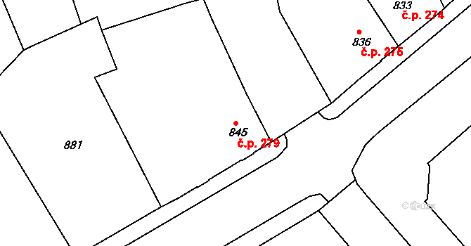 Pod Bezručovým vrchem 279, Krnov na parcele st. 845 v KÚ Krnov-Horní Předměstí, Katastrální mapa