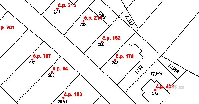 Cerhenice 182 na parcele st. 206 v KÚ Cerhenice, Katastrální mapa