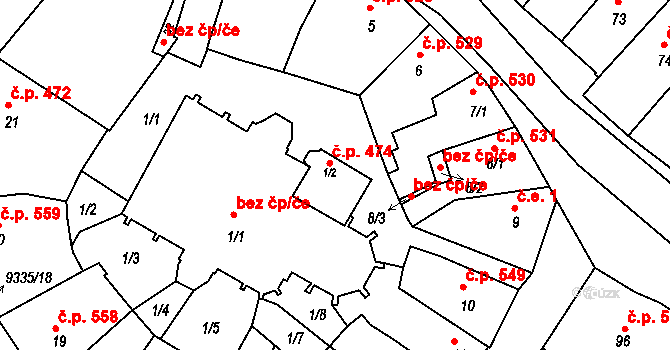 Slavonice 474 na parcele st. 1/2 v KÚ Slavonice, Katastrální mapa