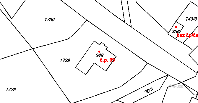 Tetín 99 na parcele st. 348 v KÚ Tetín u Berouna, Katastrální mapa