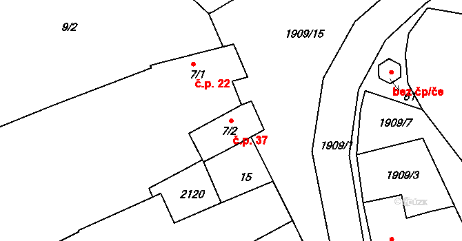 Milevo 37, Kladruby na parcele st. 7/2 v KÚ Milevo, Katastrální mapa