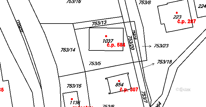 Ryžoviště 584, Harrachov na parcele st. 1037 v KÚ Harrachov, Katastrální mapa