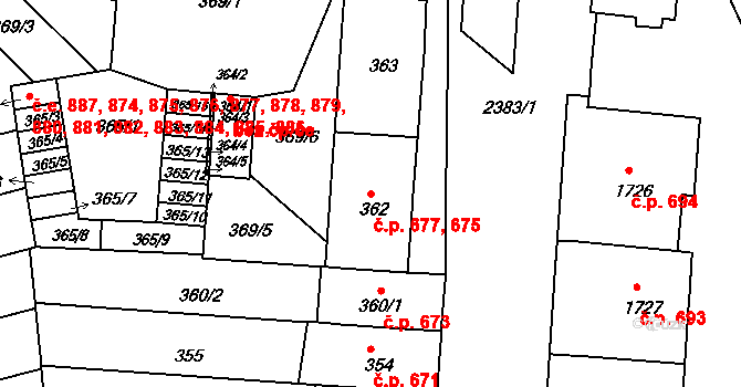 Černá Pole 675,677, Brno na parcele st. 362 v KÚ Černá Pole, Katastrální mapa
