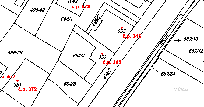 Sendražice 343, Kolín na parcele st. 353 v KÚ Sendražice u Kolína, Katastrální mapa
