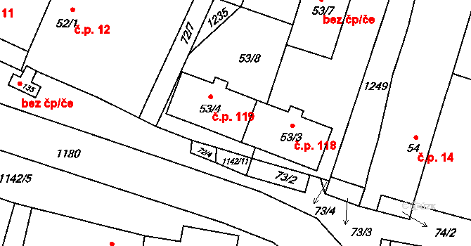 Třeboc 119 na parcele st. 53/4 v KÚ Třeboc, Katastrální mapa
