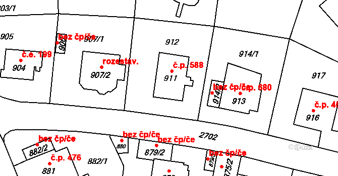 Kyje 588, Praha na parcele st. 911 v KÚ Kyje, Katastrální mapa