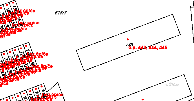 Příbram VII 443,444,445, Příbram na parcele st. 733 v KÚ Březové Hory, Katastrální mapa