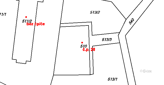 Liberec XIX-Horní Hanychov 28, Liberec na parcele st. 510 v KÚ Horní Hanychov, Katastrální mapa