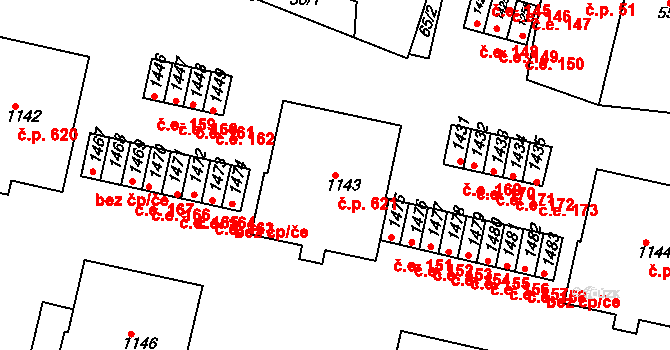 Rosice 621 na parcele st. 1143 v KÚ Rosice u Brna, Katastrální mapa