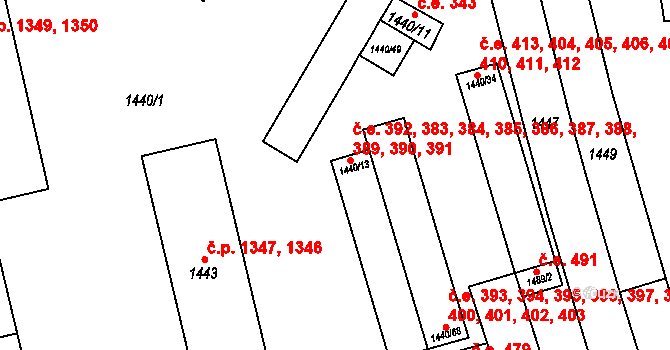Šlapanice 383,384,385,386,387, na parcele st. 1440/13 v KÚ Šlapanice u Brna, Katastrální mapa