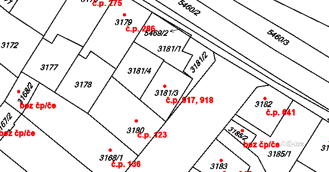 Lobzy 917,918, Plzeň na parcele st. 3181/3 v KÚ Plzeň, Katastrální mapa
