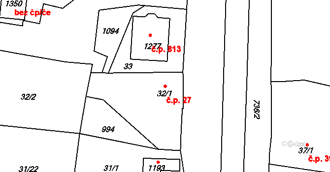 Velký Osek 27 na parcele st. 32/1 v KÚ Velký Osek, Katastrální mapa