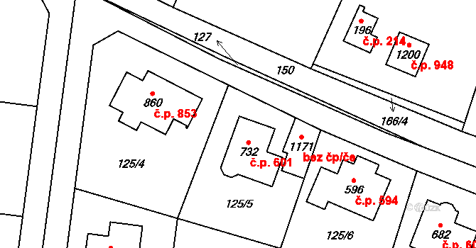 Hovorčovice 601 na parcele st. 732 v KÚ Hovorčovice, Katastrální mapa