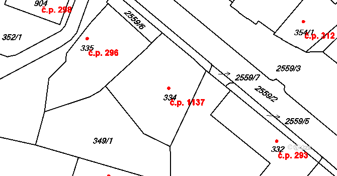 Pacov 1137 na parcele st. 334 v KÚ Pacov, Katastrální mapa