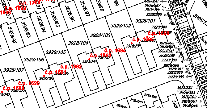 Úvaly 1694 na parcele st. 3928/297 v KÚ Úvaly u Prahy, Katastrální mapa