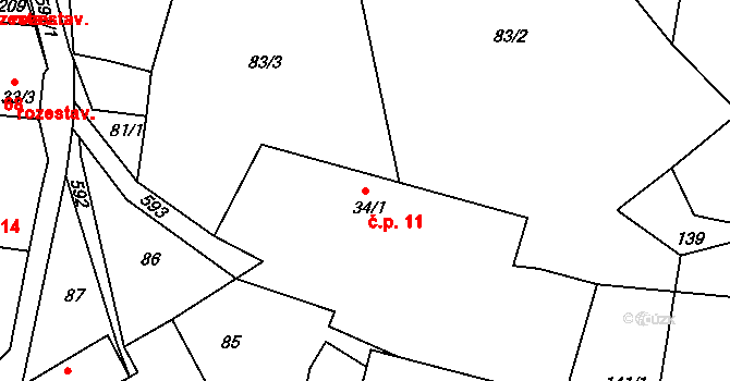 Tvoršovice 11, Bystřice na parcele st. 34/1 v KÚ Tvoršovice, Katastrální mapa