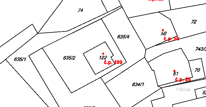 Škrdlovice 199 na parcele st. 122 v KÚ Škrdlovice, Katastrální mapa