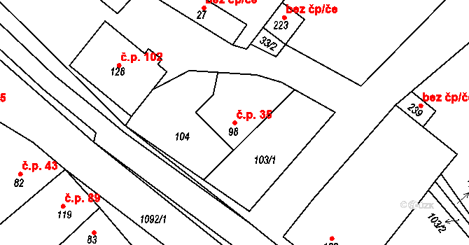 Milonice 35 na parcele st. 98 v KÚ Milonice, Katastrální mapa