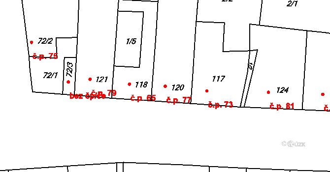 Topolany 77 na parcele st. 120 v KÚ Topolany u Vyškova, Katastrální mapa