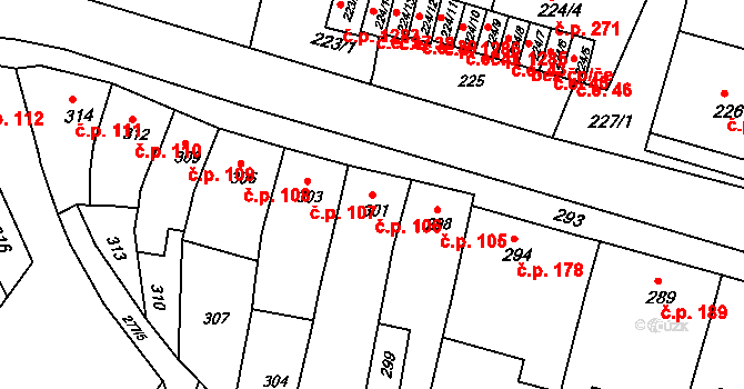 Pustiměř 106 na parcele st. 301 v KÚ Pustiměř, Katastrální mapa