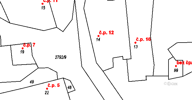 Svéradice 12 na parcele st. 14 v KÚ Svéradice, Katastrální mapa