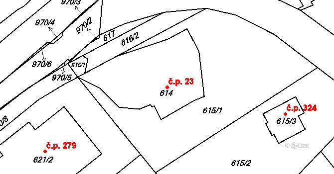 Loučka 23, Nový Jičín na parcele st. 614 v KÚ Loučka u Nového Jičína, Katastrální mapa