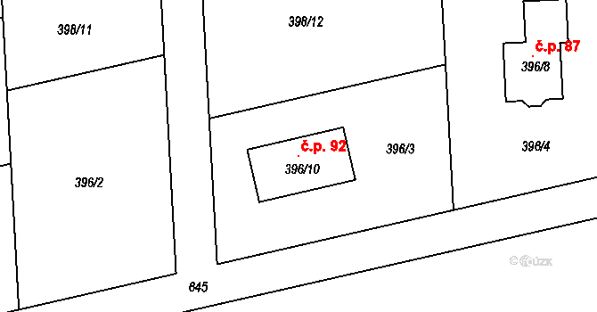 Blazice 92 na parcele st. 396/10 v KÚ Blazice, Katastrální mapa