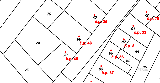 Lutotín 43, Bílovice-Lutotín na parcele st. 69 v KÚ Lutotín, Katastrální mapa