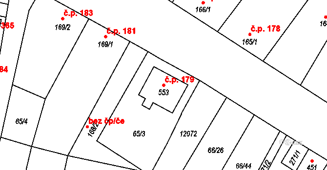 Hrabětice 179 na parcele st. 553 v KÚ Hrabětice, Katastrální mapa