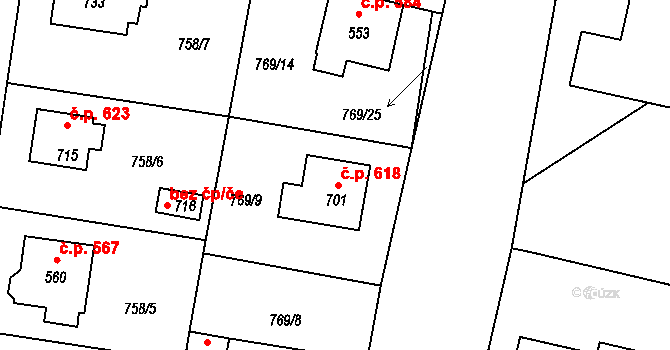 Lišov 618 na parcele st. 701 v KÚ Lišov, Katastrální mapa