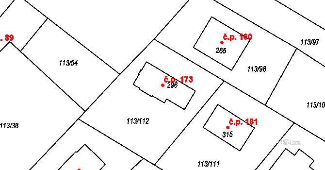 Písty 173 na parcele st. 296 v KÚ Písty u Nymburka, Katastrální mapa