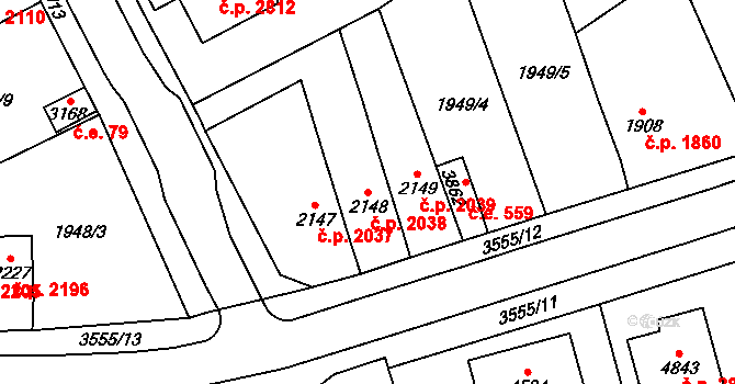 Aš 2038 na parcele st. 2148 v KÚ Aš, Katastrální mapa