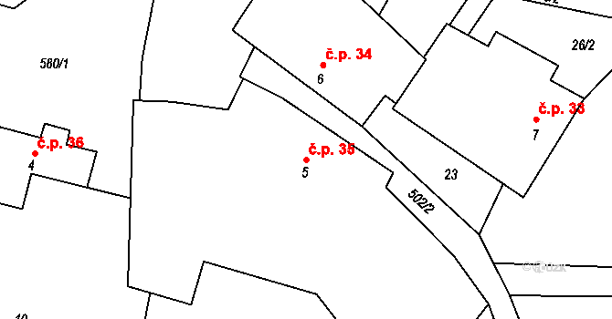 Koleč 35 na parcele st. 5 v KÚ Koleč, Katastrální mapa