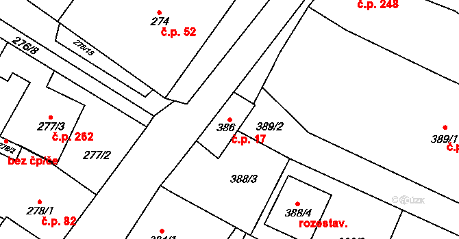 Tetčice 17 na parcele st. 386 v KÚ Tetčice, Katastrální mapa