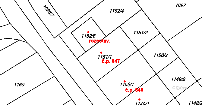 Šardice 647 na parcele st. 1151/1 v KÚ Šardice, Katastrální mapa