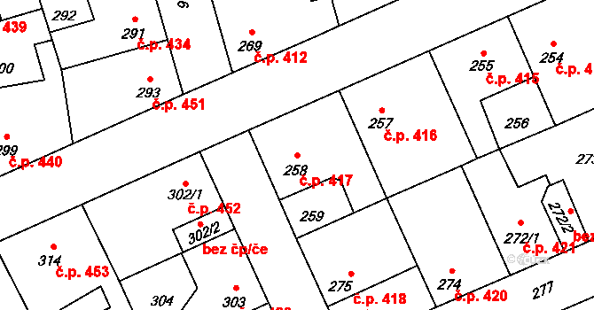 Dubí 417, Kladno na parcele st. 258 v KÚ Dubí u Kladna, Katastrální mapa