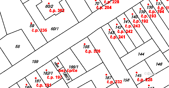 Rousínov 326 na parcele st. 185 v KÚ Rousínov u Vyškova, Katastrální mapa