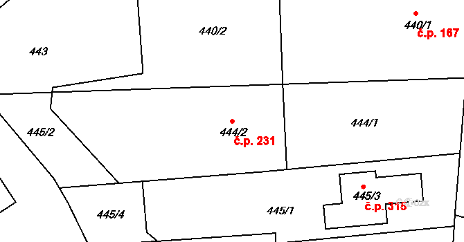 Mochov 231 na parcele st. 444/2 v KÚ Mochov, Katastrální mapa